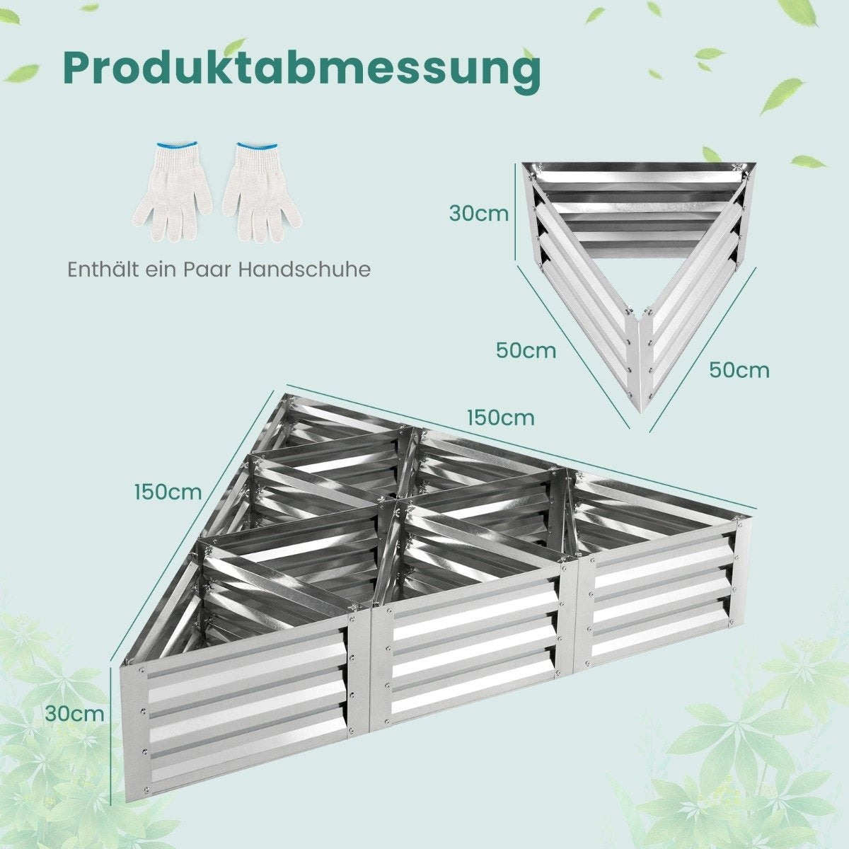 6-piece metal planter box set for vegetables triangular raised bed 150 x 150 x 30 cm silver
