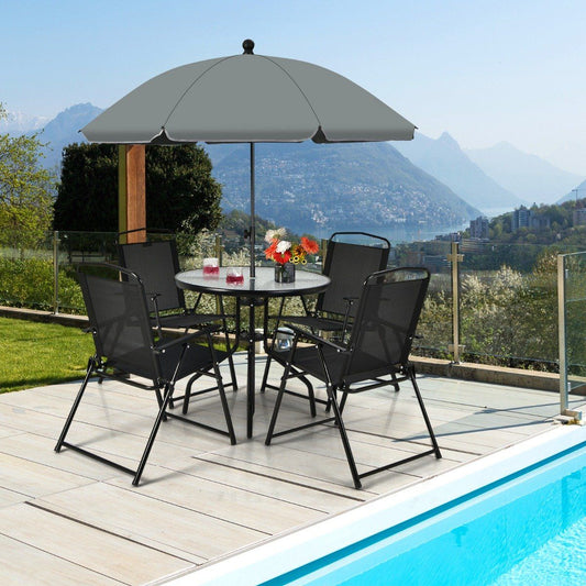 6-piece patio furniture set with coffee table & 4 folding chairs & umbrella