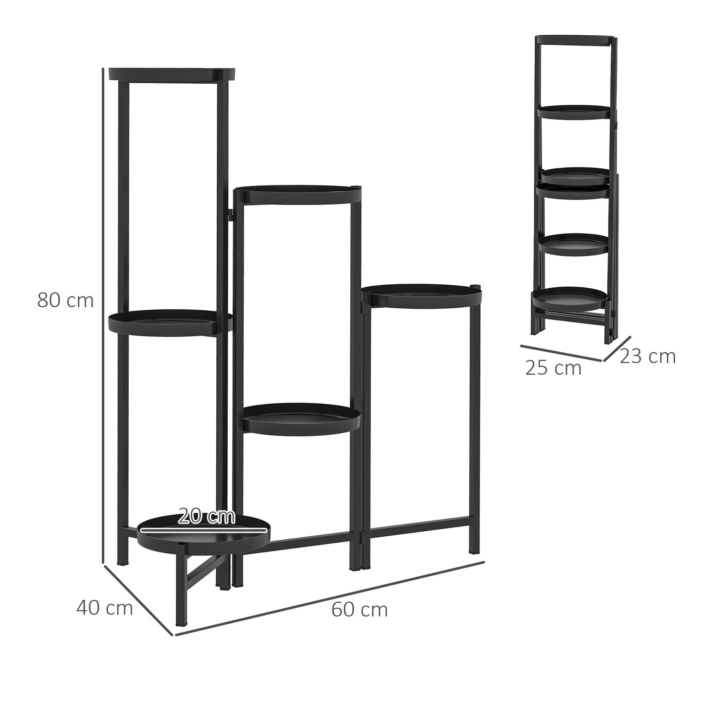 Foldable plant stand in metal with shelves, 80 cm high, black