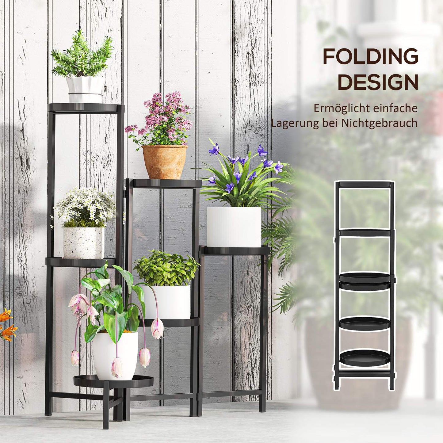 Foldable plant stand in metal with shelves, 80 cm high, black