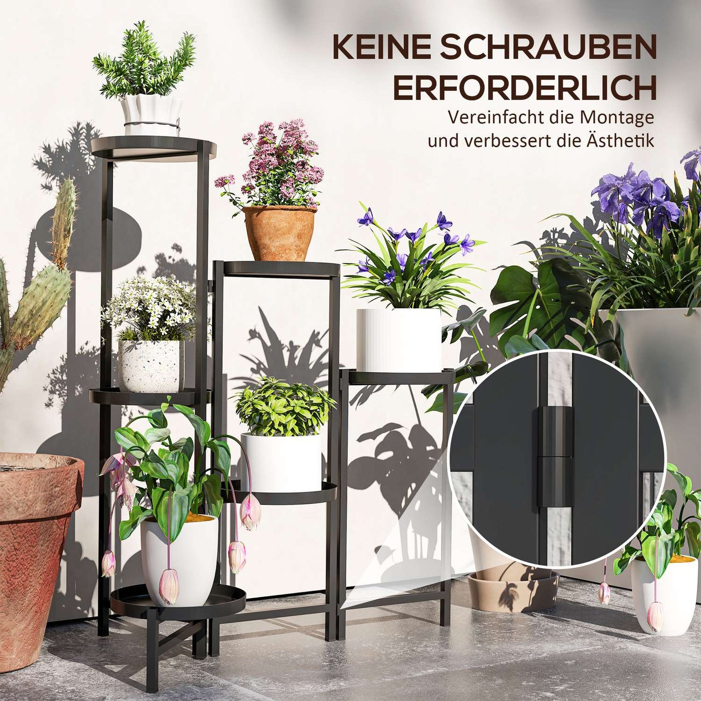 Foldable plant stand in metal with shelves, 80 cm high, black