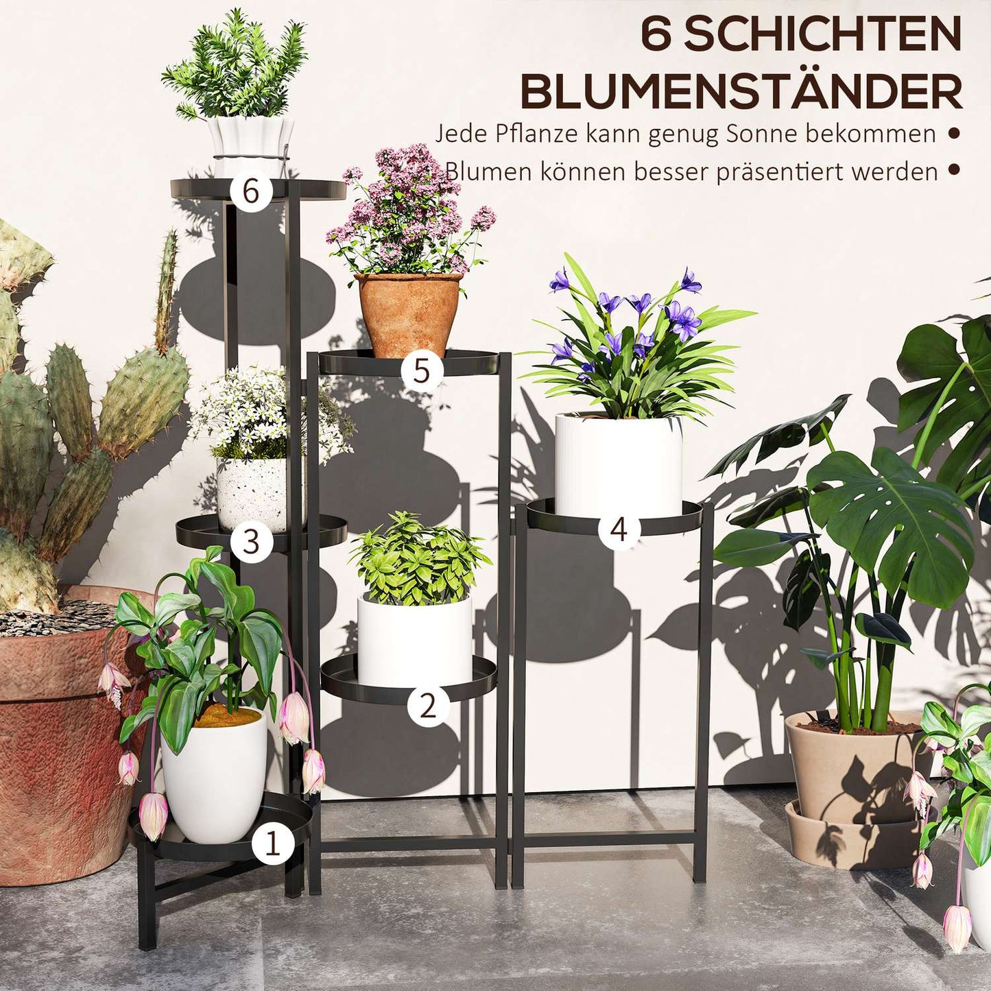 Foldable plant stand in metal with shelves, 80 cm high, black