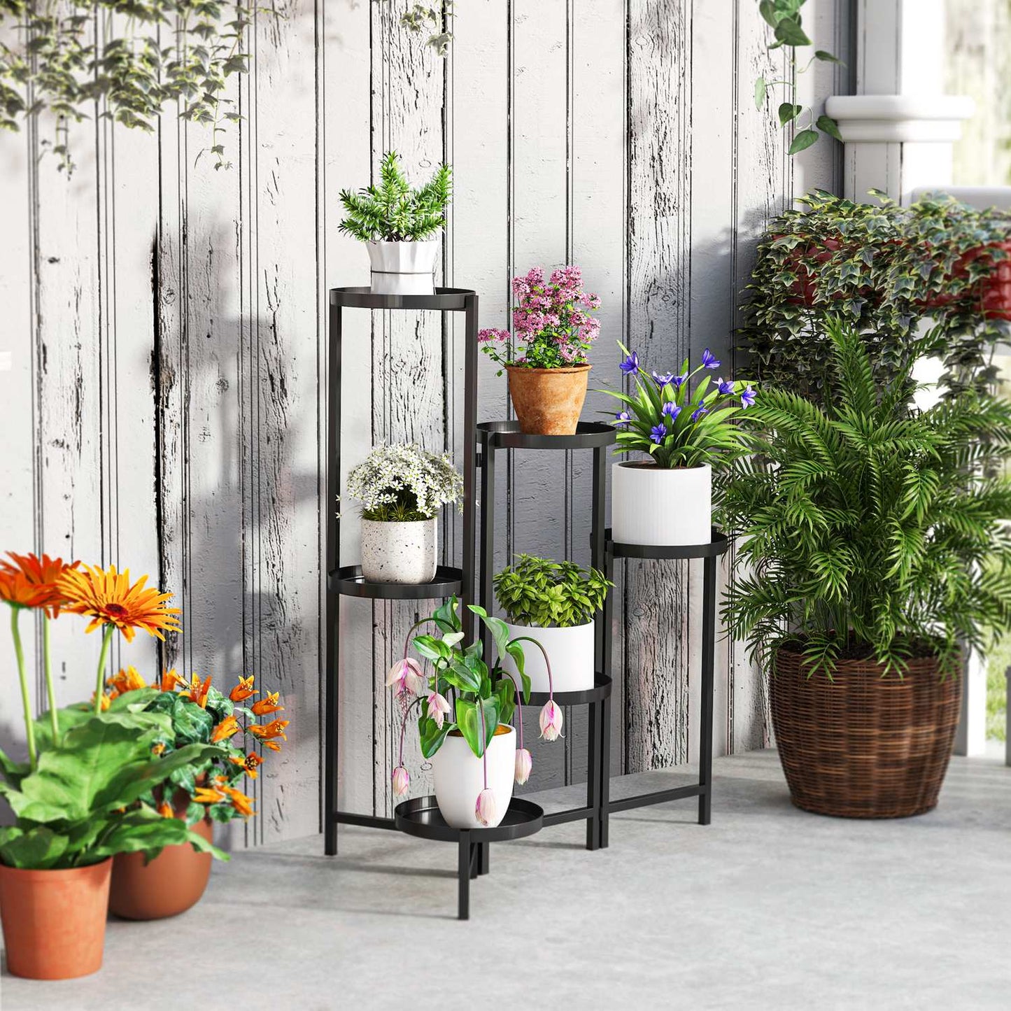 Foldable plant stand in metal with shelves, 80 cm high, black