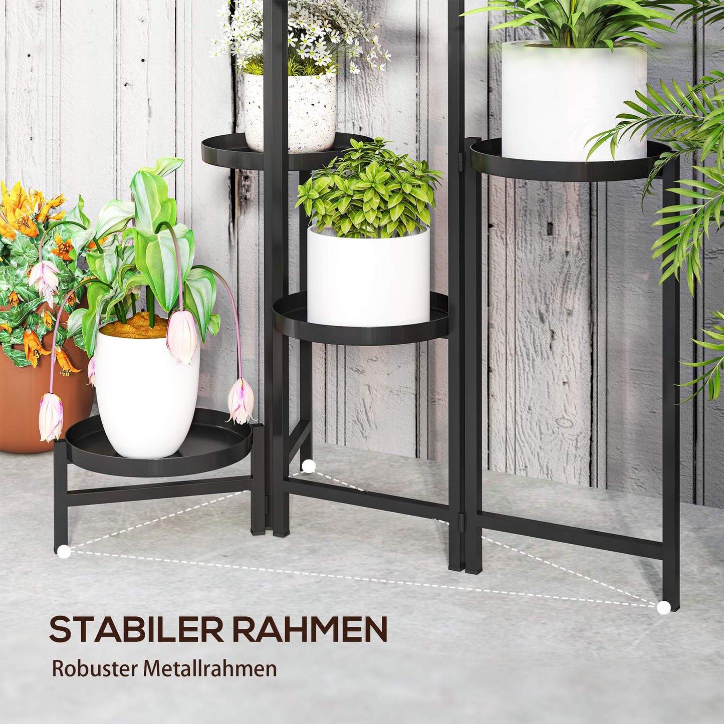 Foldable plant stand in metal with shelves, 80 cm high, black