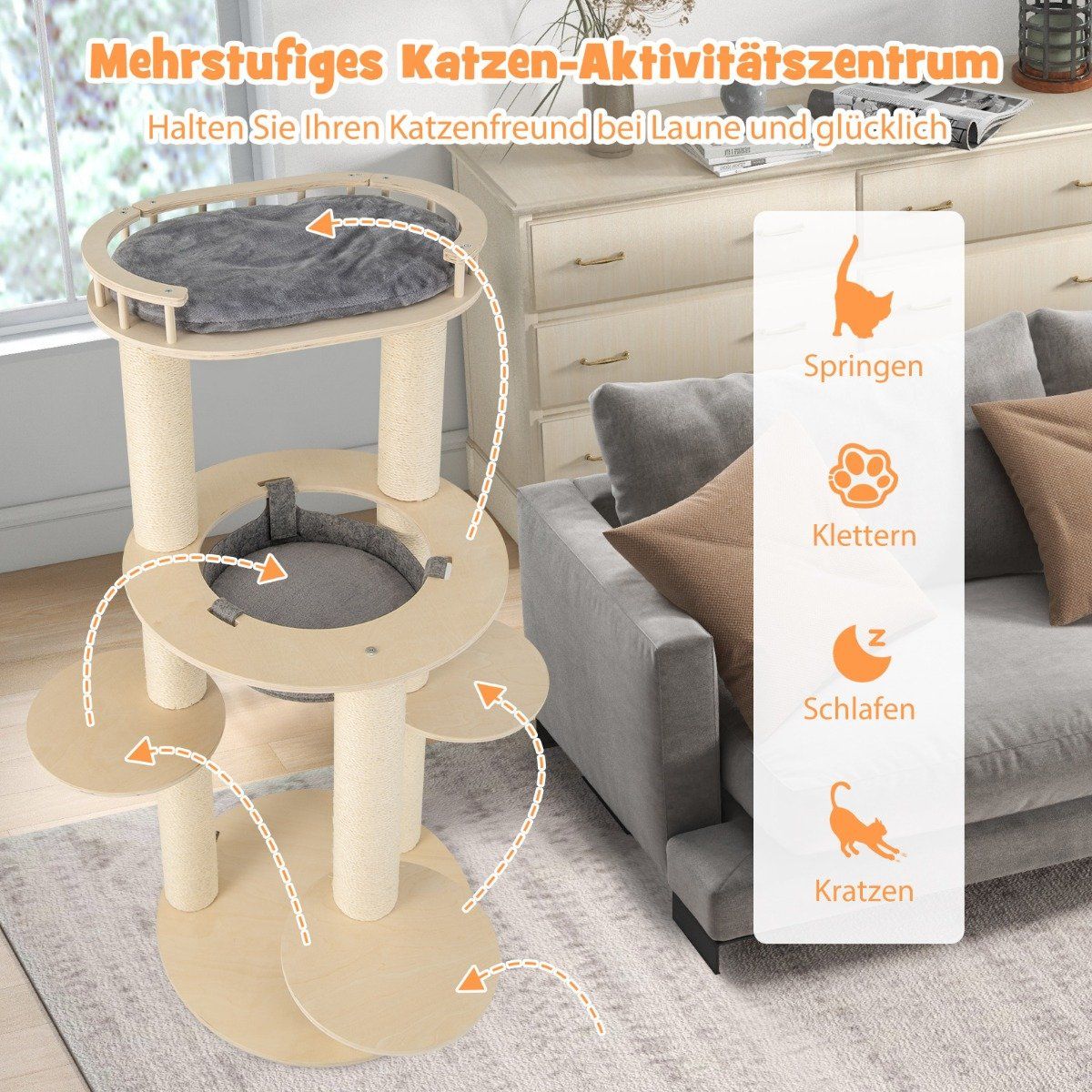 6-tier wooden cat tree with hammock & 4 lying surfaces & 3 scratching posts 66 x 66 x 150 cm
