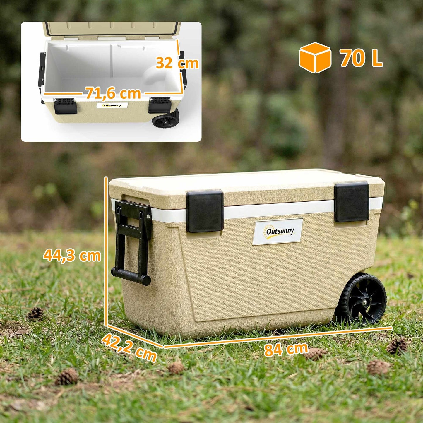 70L Cooler Box with Wheels, 72-Hour Insulation, Drain Valve