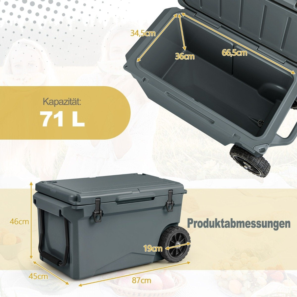 71L Insulated Box with Bottle Opener & Handle & Wheels Portable Cooler Heat Container Gray