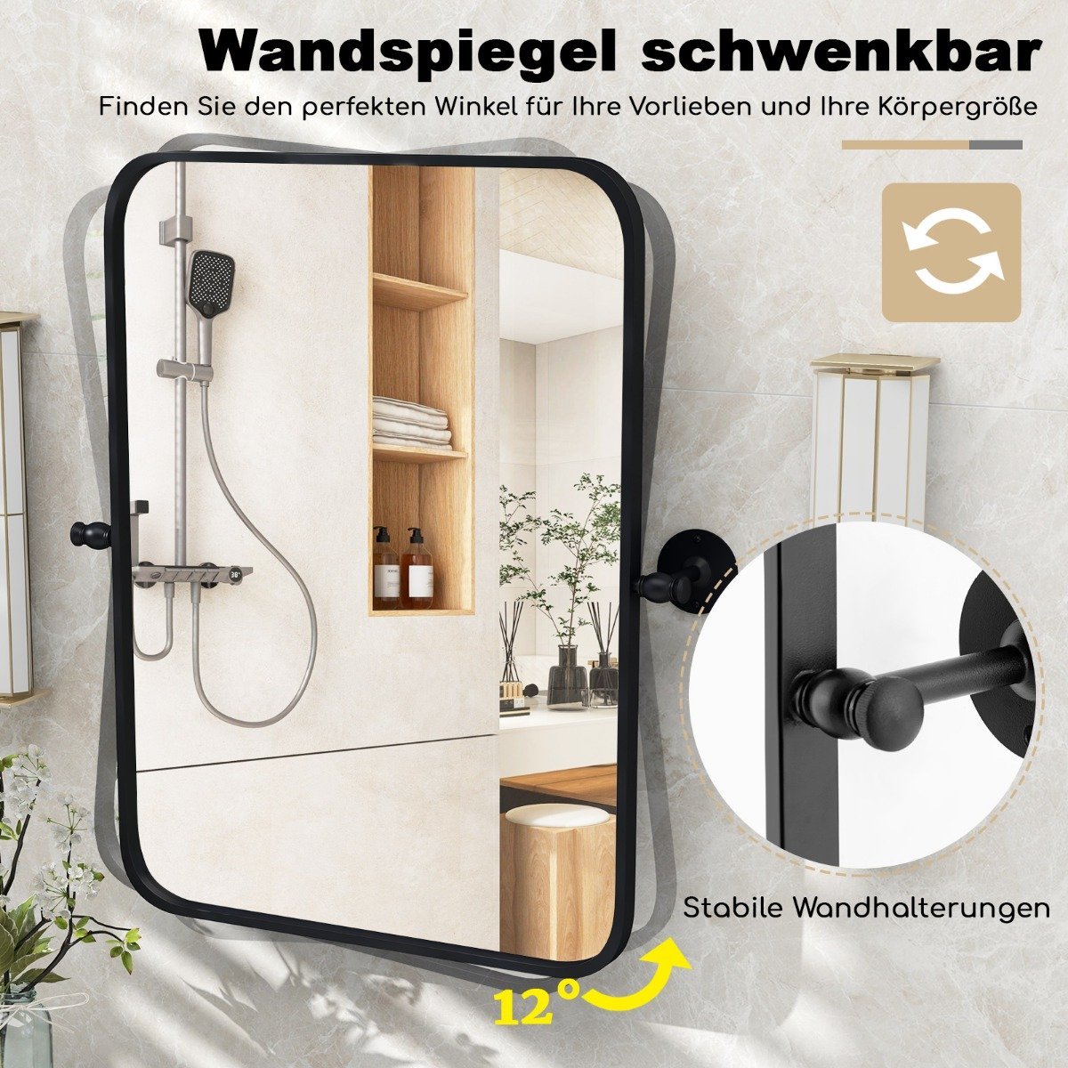 76.5 x 56 cm metal framed wall mirror tilting bathroom mirror with wall bracket black