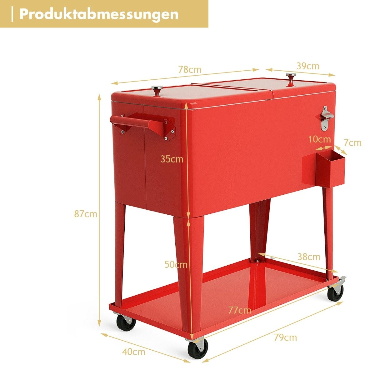 76L refrigerator trolley with shelf & bottle opener serving trolley cool box with wheels cooling container red