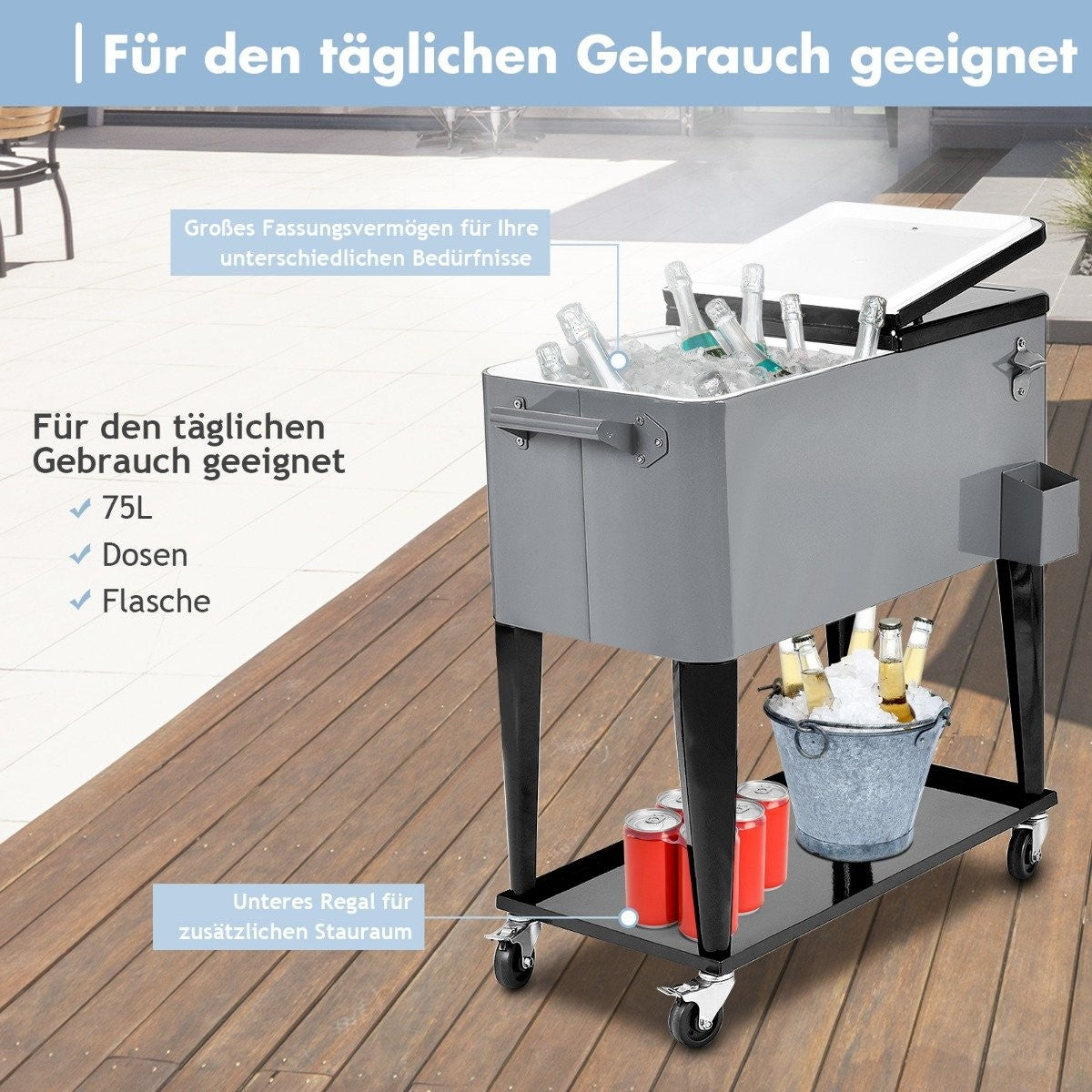 76L refrigerator trolley with shelf & bottle opener serving trolley cool box with wheels cooling container silver