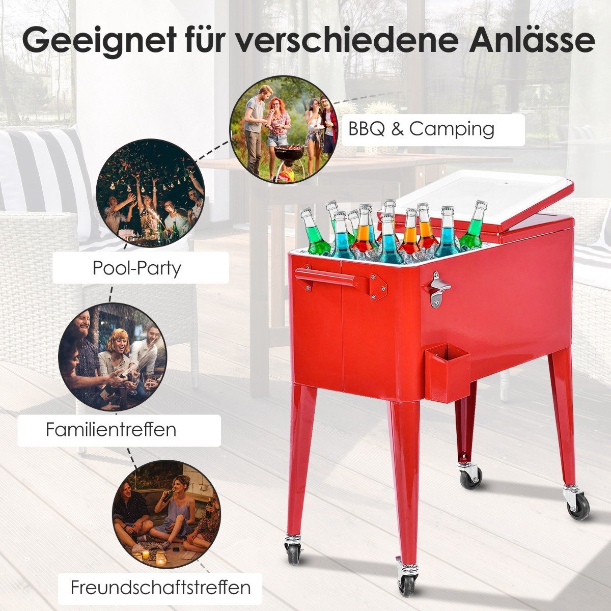 76L refrigerator trolley with wheels side trolley mobile cool box drinks trolley 91 x 48 x 87 cm red