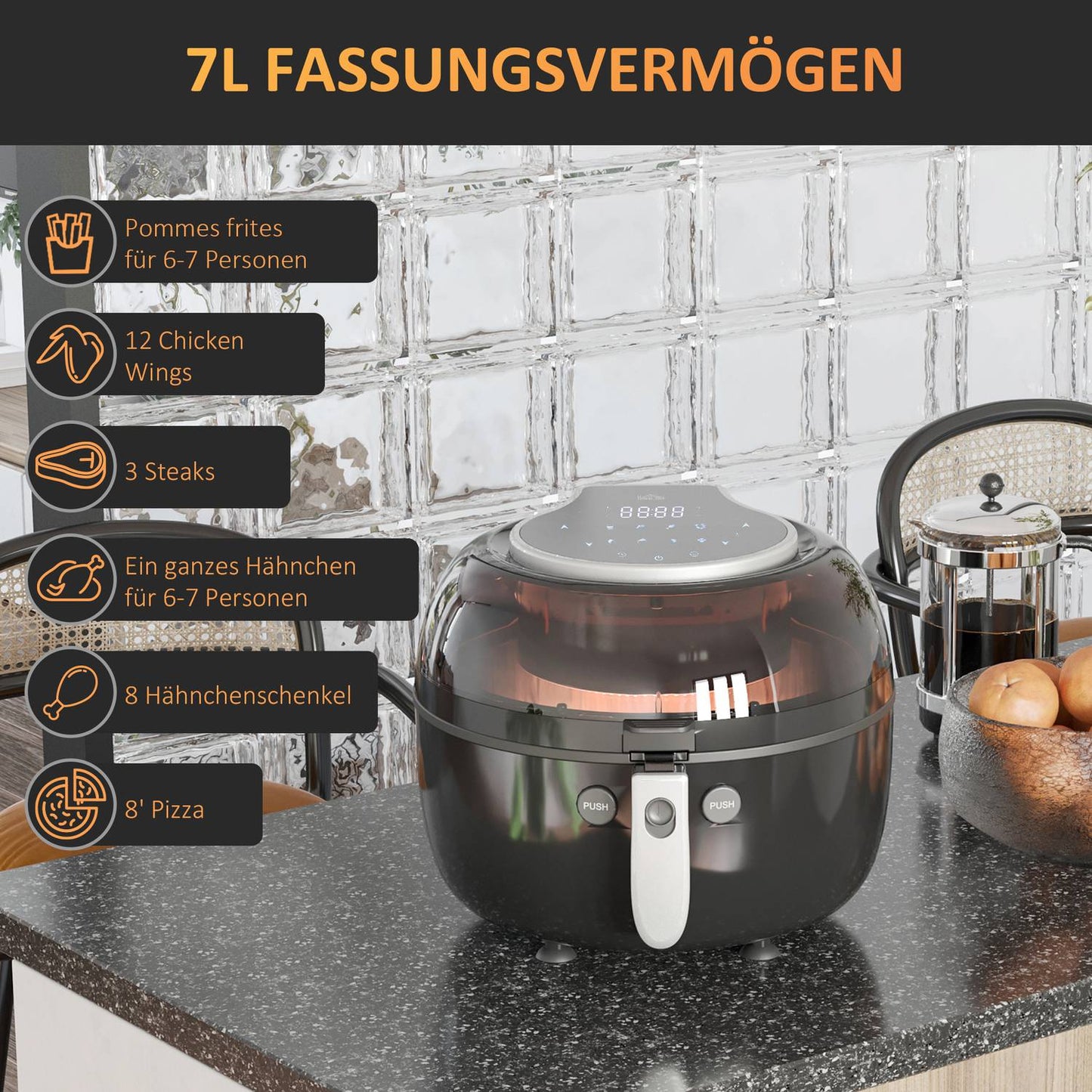 7L hot air fryer, oil-free, 1500W, non-stick basket
