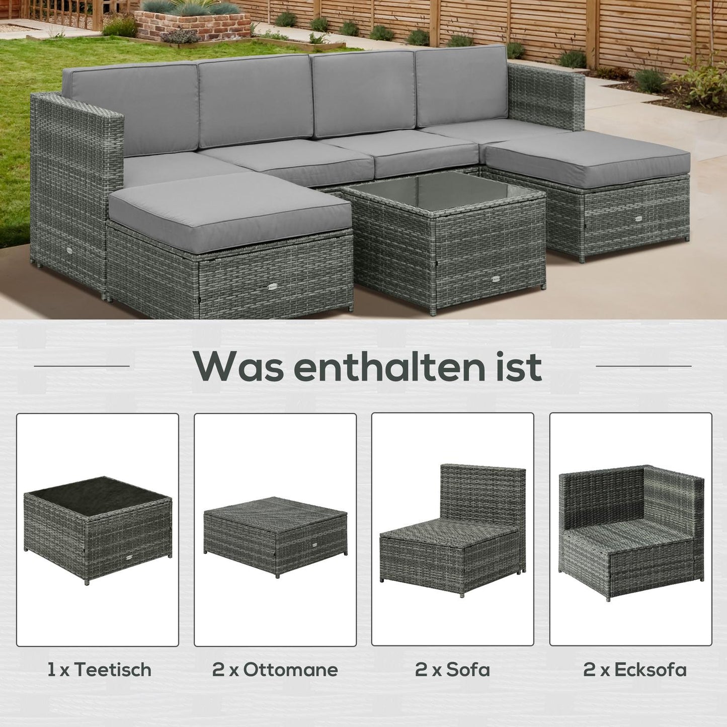 Garden furniture in polyrattan with footstool, gray