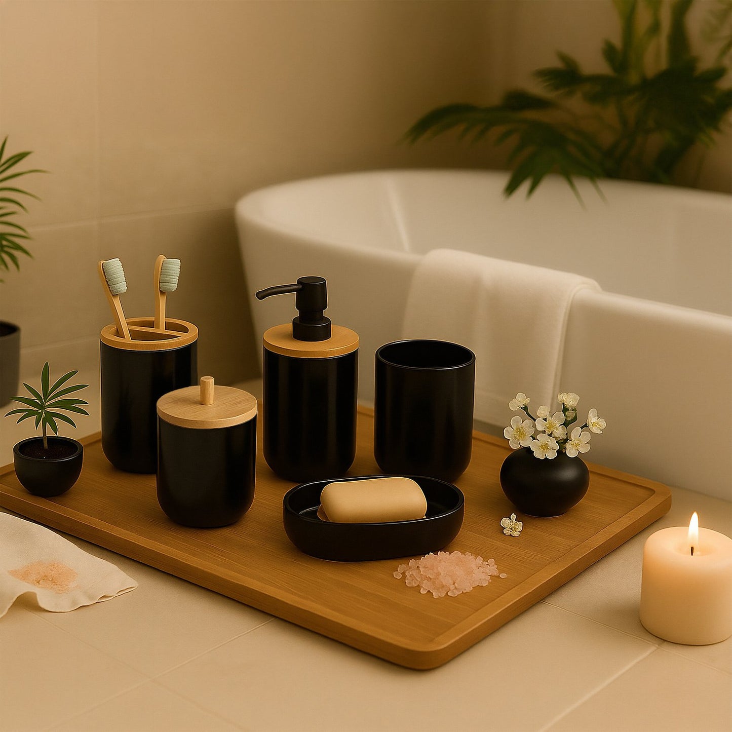 7-Piece Plastic & Bamboo Bathroom Accessories Set