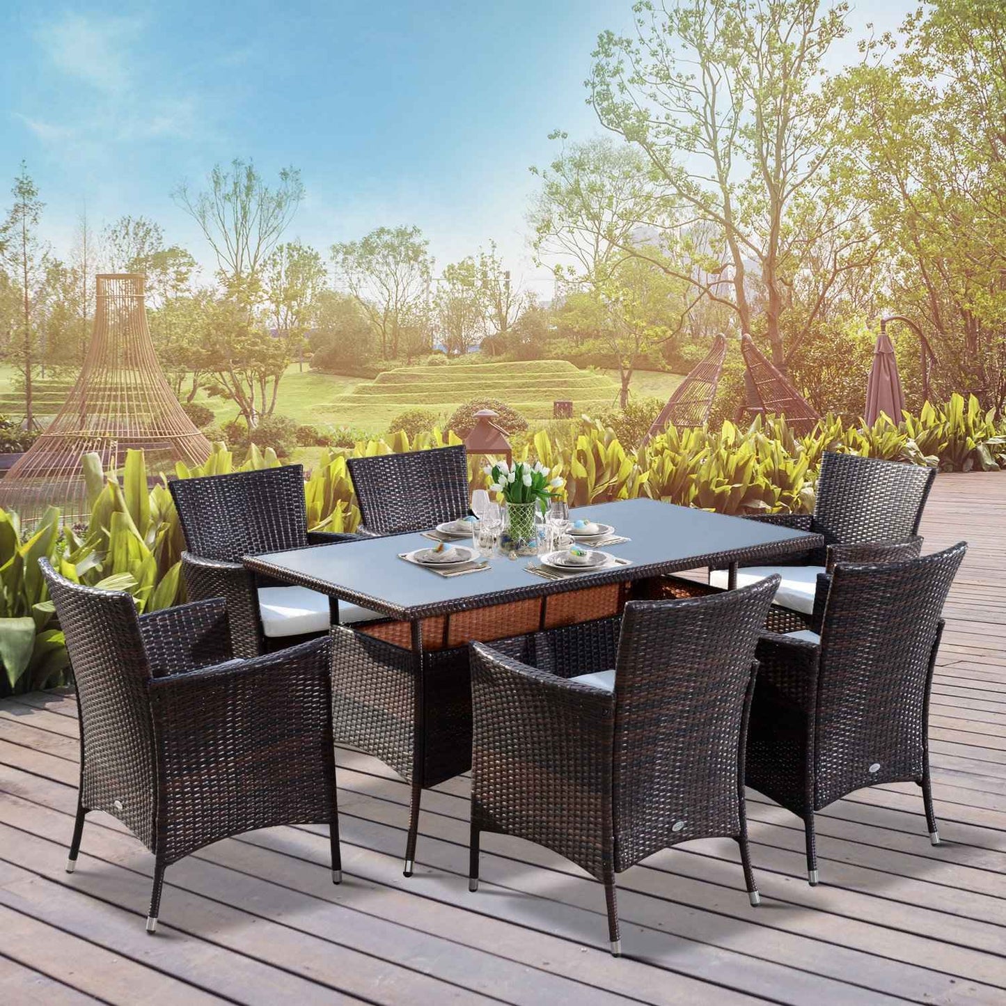 7-piece brown poly rattan garden dining set with cushions