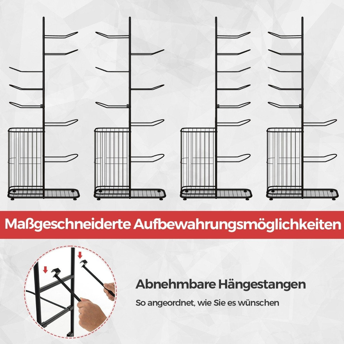 7 Tier Ball Storage Rack with Removable Hanging Rods & Eye Storage Basket