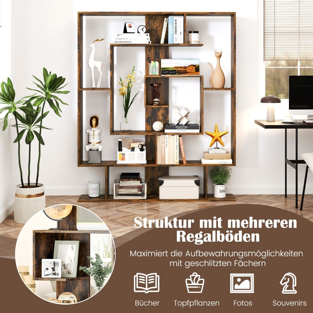 7-Tier Bookshelf, Geometric Design, Rustic Brown