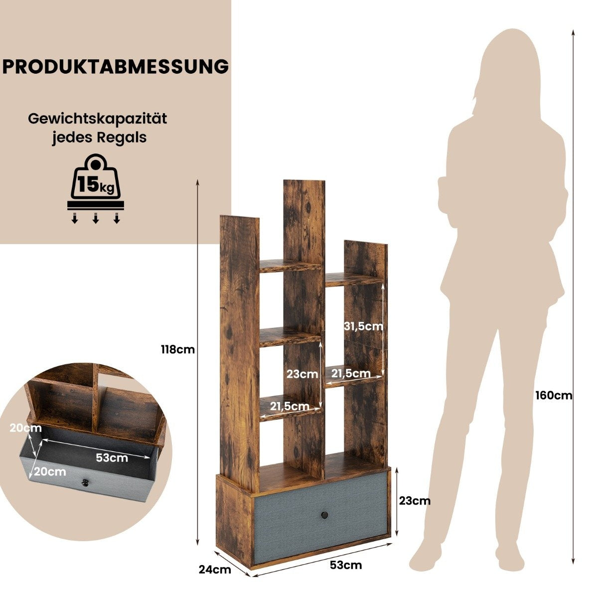 7-Tier Open Bookshelf with Drawer, 53x24x118 cm, Brown