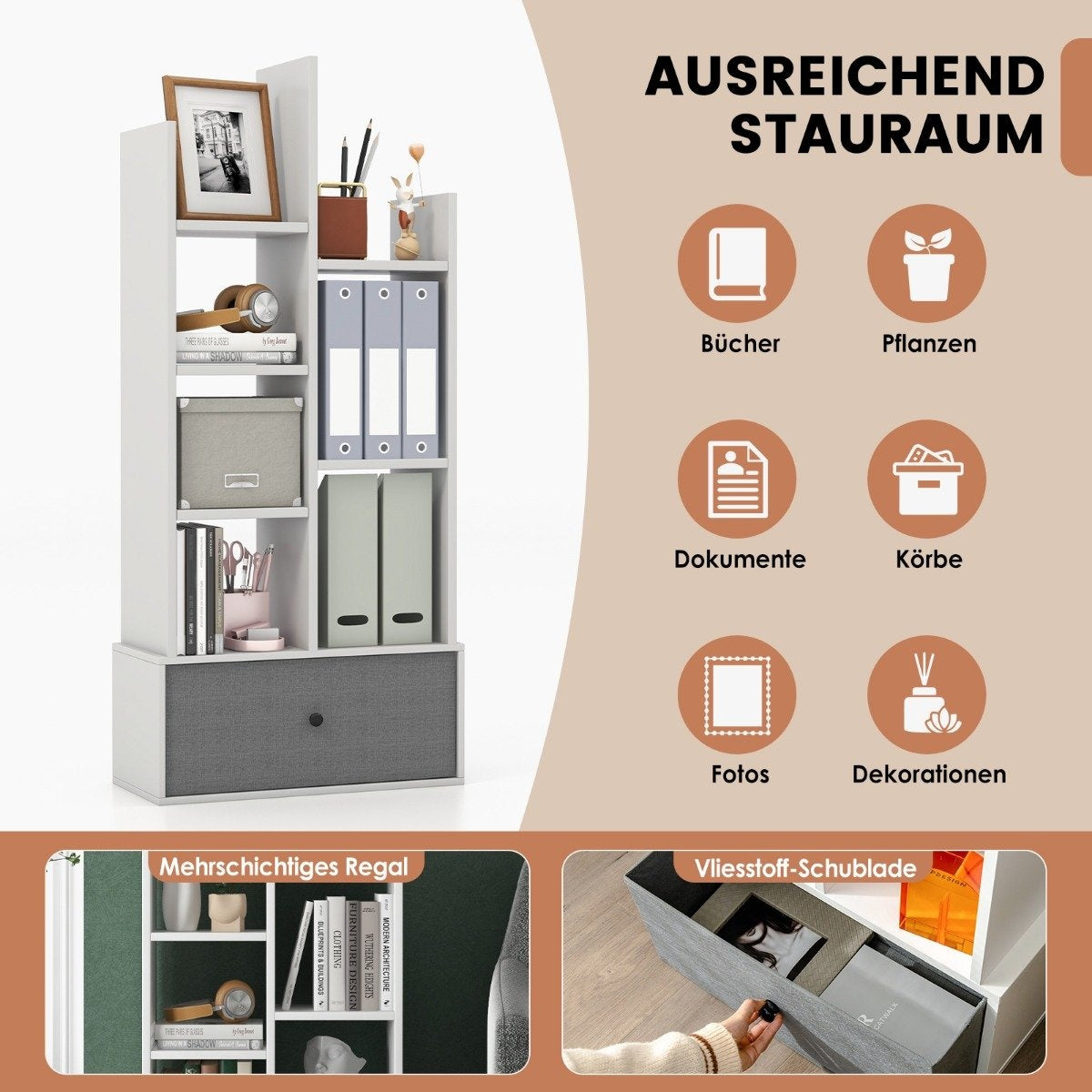 7-Tier Open Bookshelf with Drawer, 53x24x118 cm, White