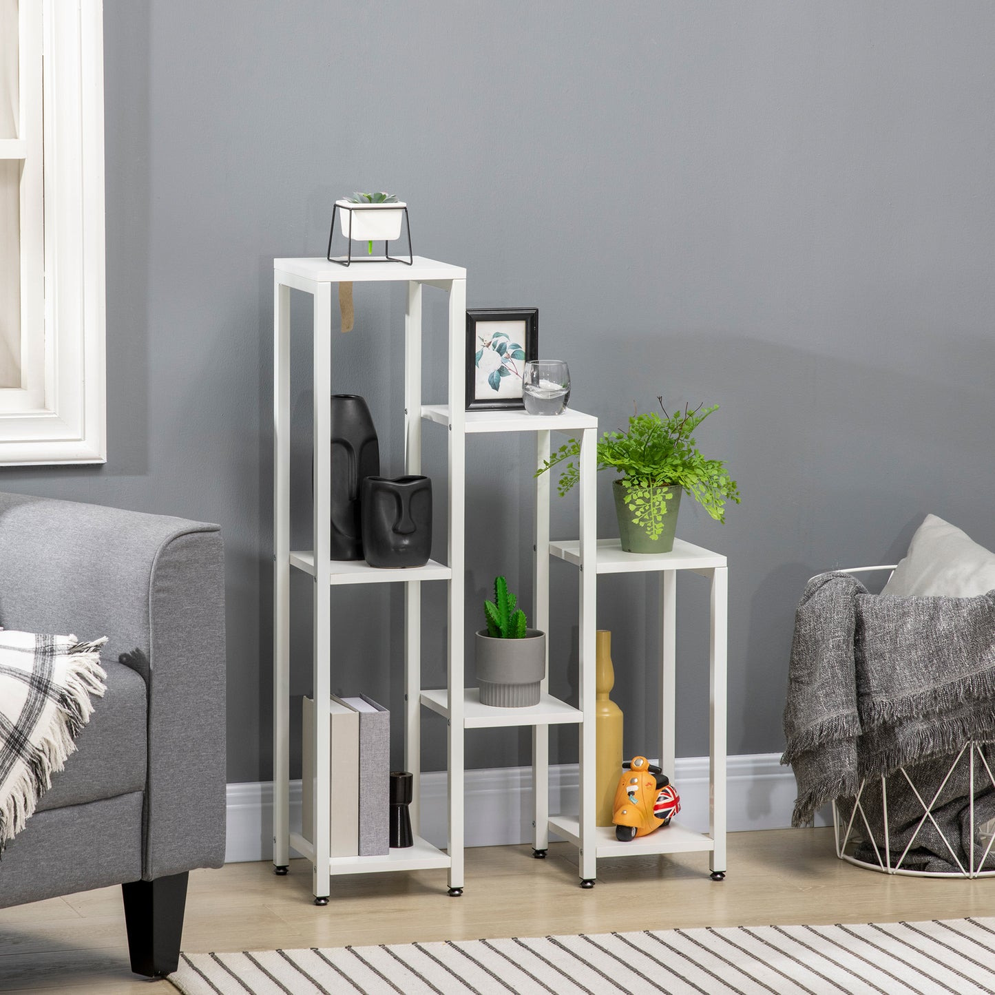 7-Tier Plant Stand, Indoor/Outdoor, White Steel, 65x23x94.5cm