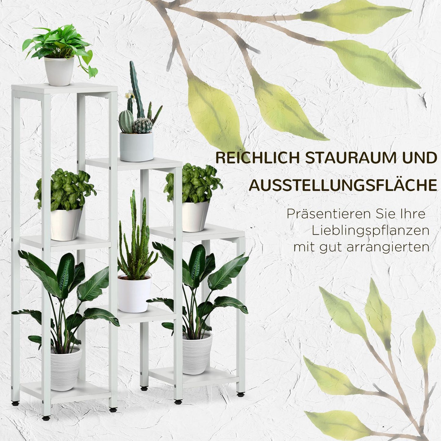 7-Tier Plant Stand, Indoor/Outdoor, White Steel, 65x23x94.5cm