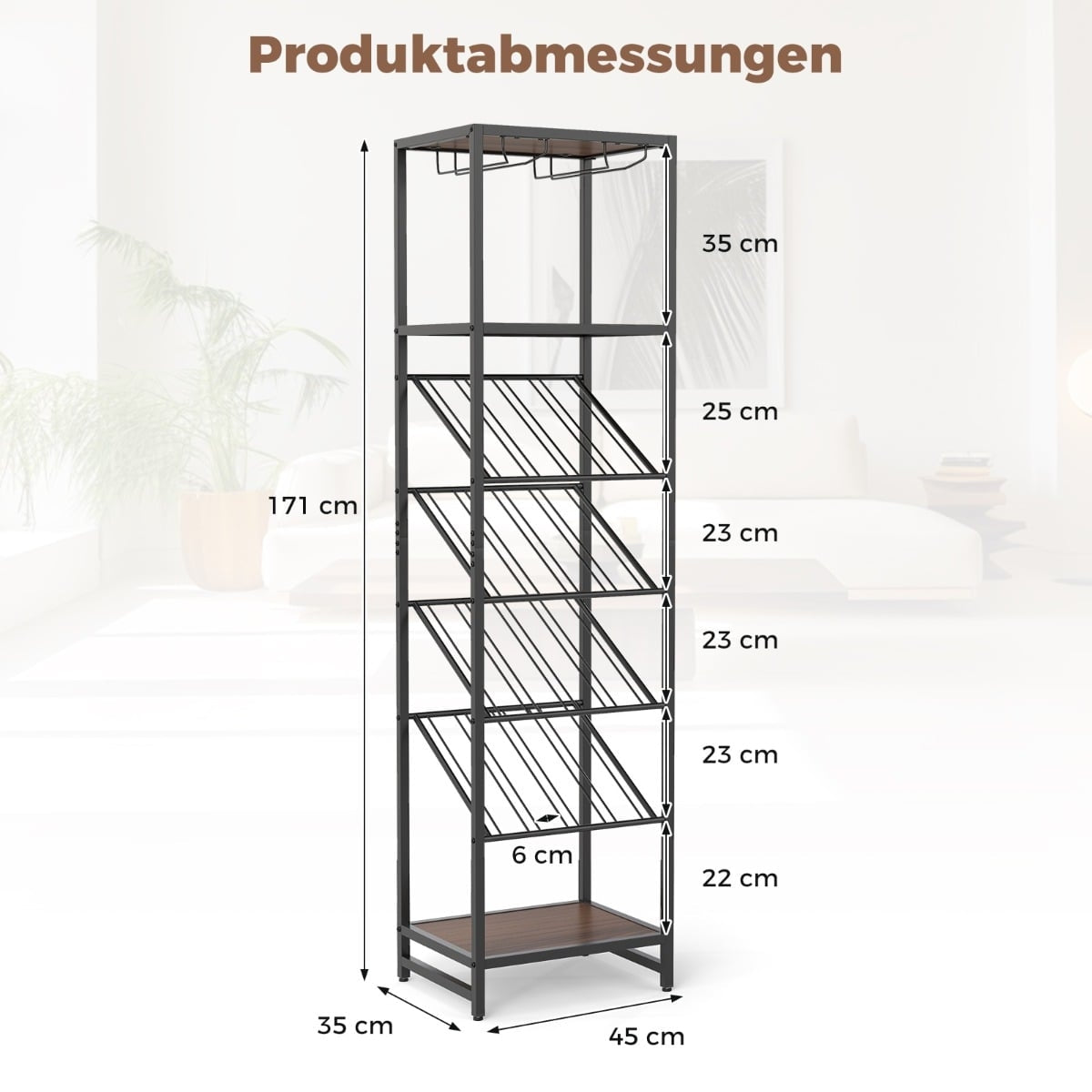 7-Tier Wine Rack with Glass Holders and Shelves, Black
