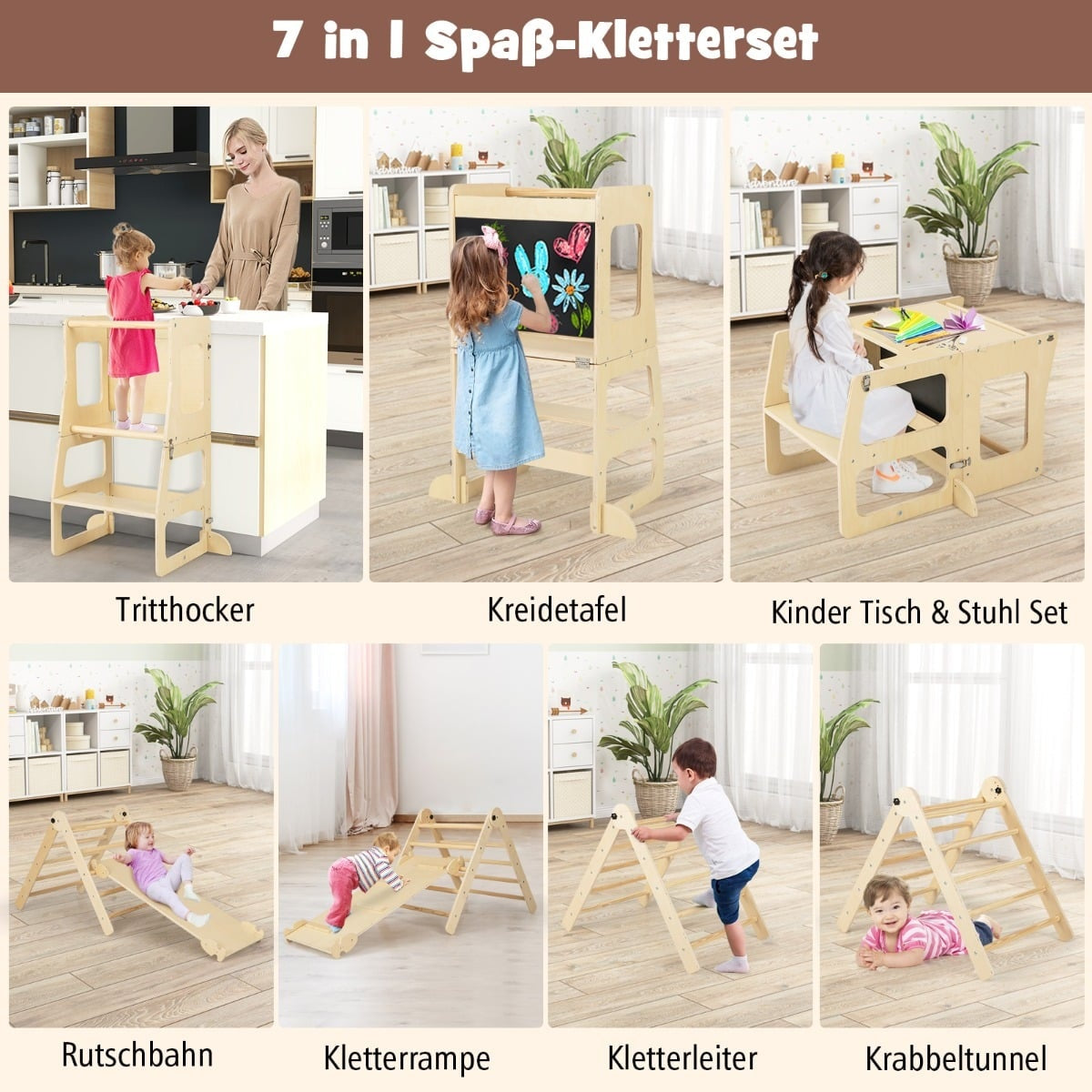 7-in-1 Kids Climbing Set with Slide, Stool, Chalkboard