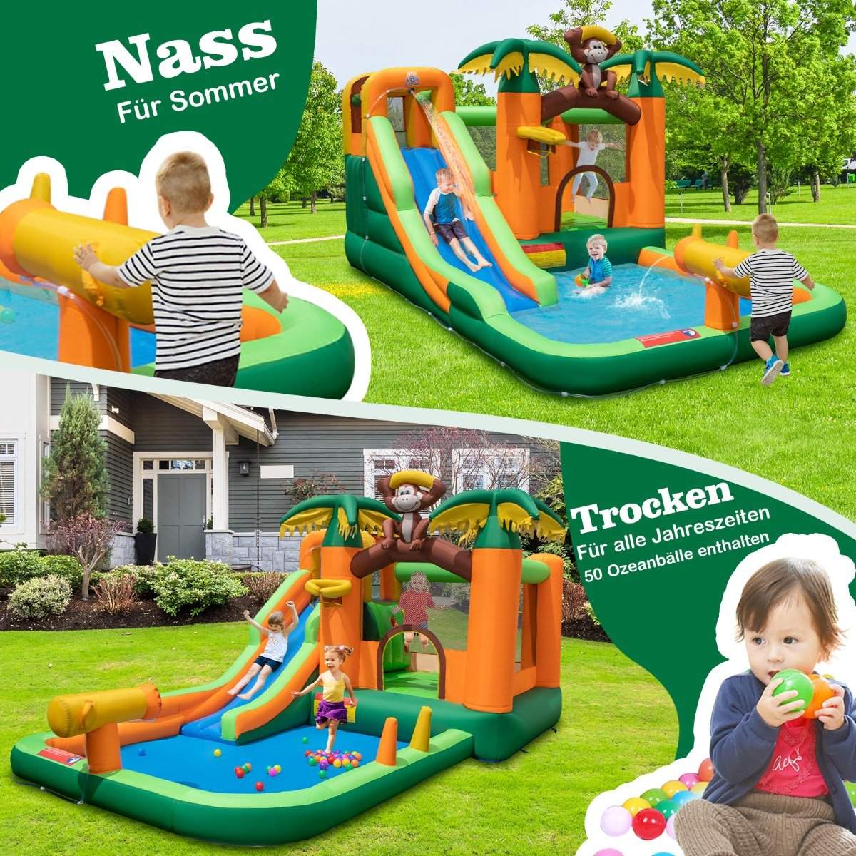 7-in-1 tropical water park with slide & basketball hoop & water gun with 680W blower