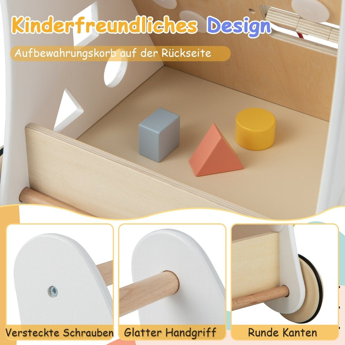 7 in 1 wooden baby walker with game board & mirror & building blocks & storage box baby walker