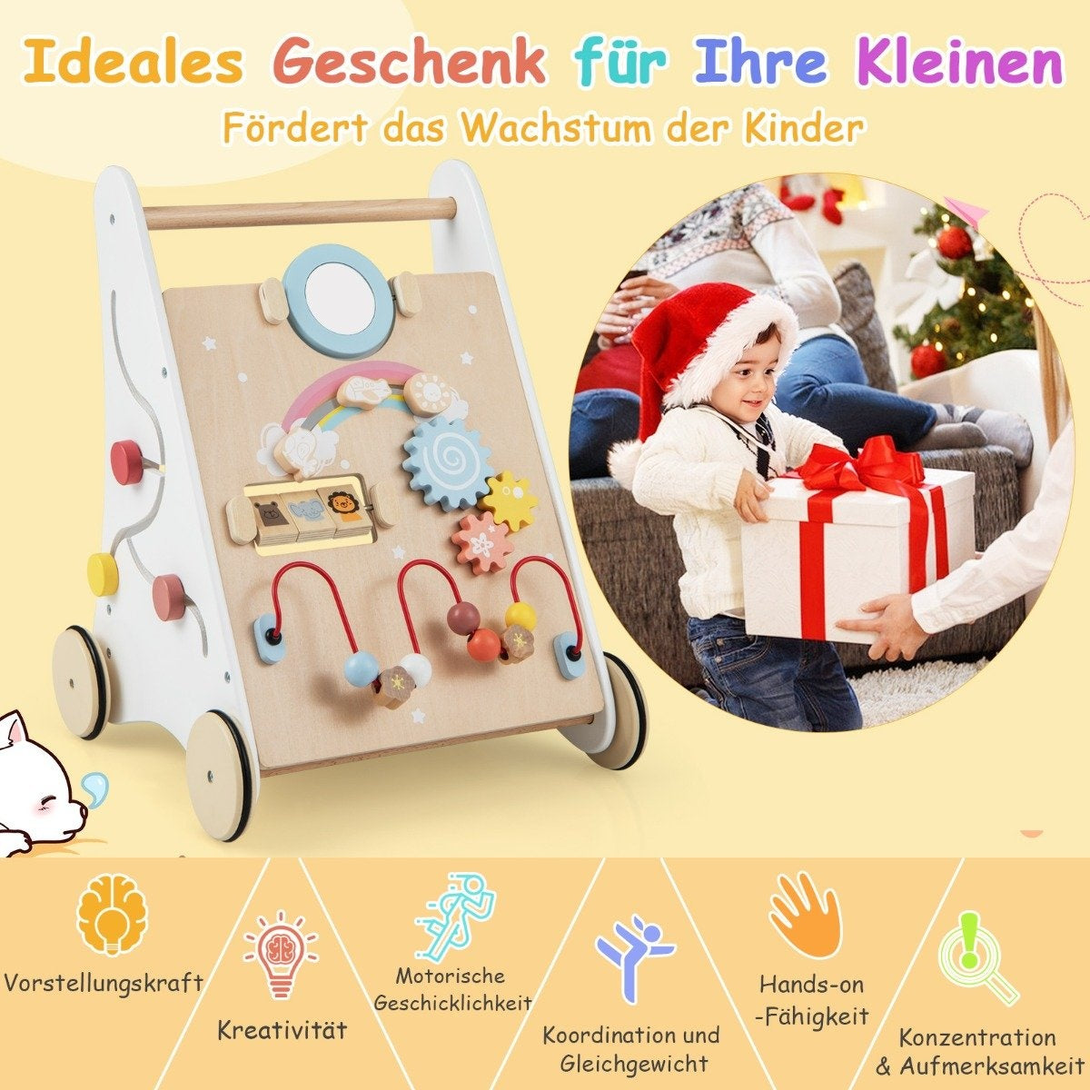 7 in 1 wooden baby walker with game board & mirror & building blocks & storage box baby walker