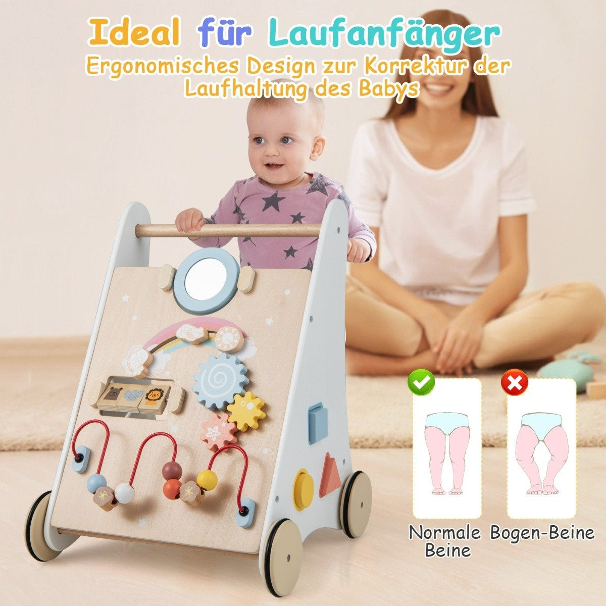 7 in 1 wooden baby walker with game board & mirror & building blocks & storage box baby walker