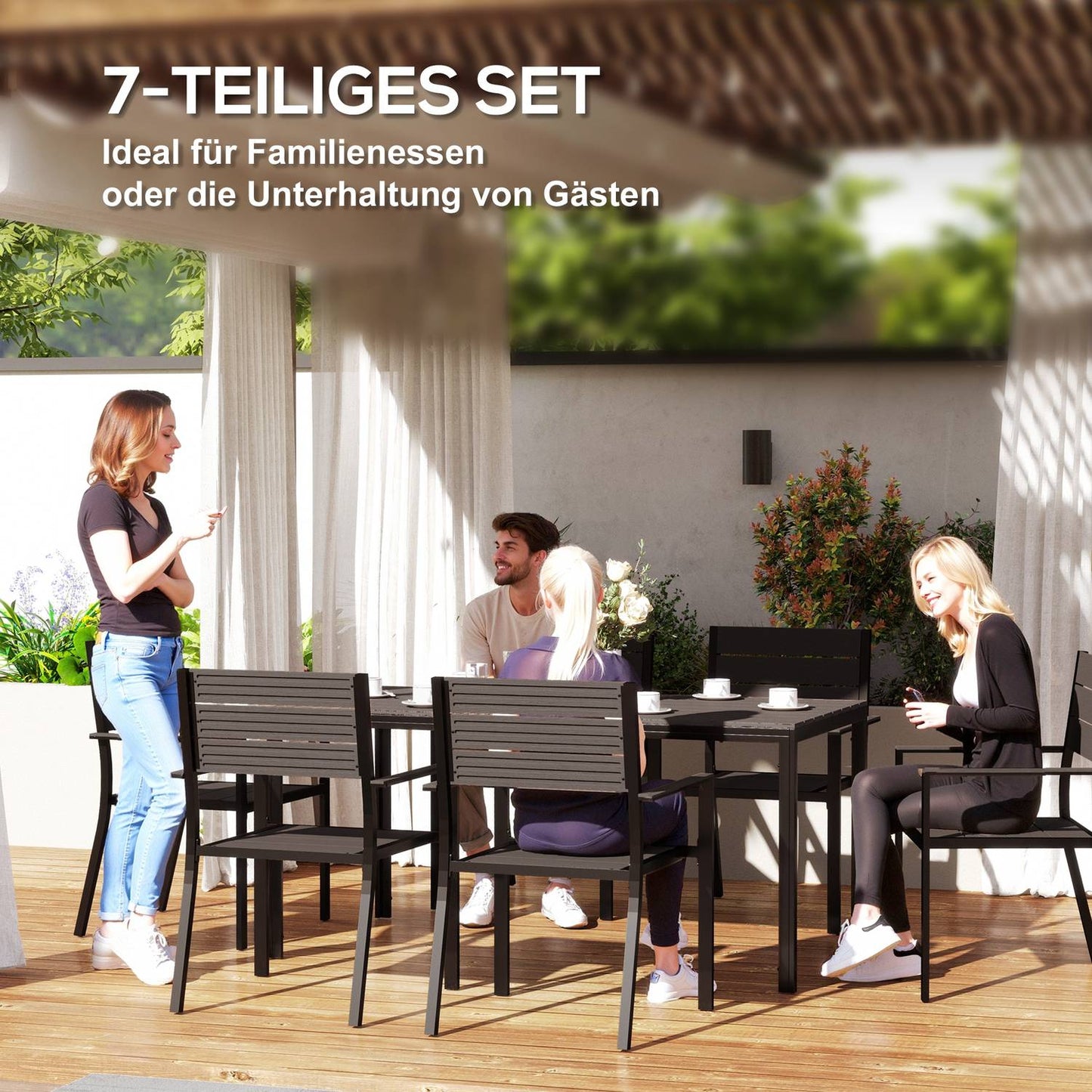 7-piece dining set for 6 people, dining table with 6 chairs, slotted table, dark brown