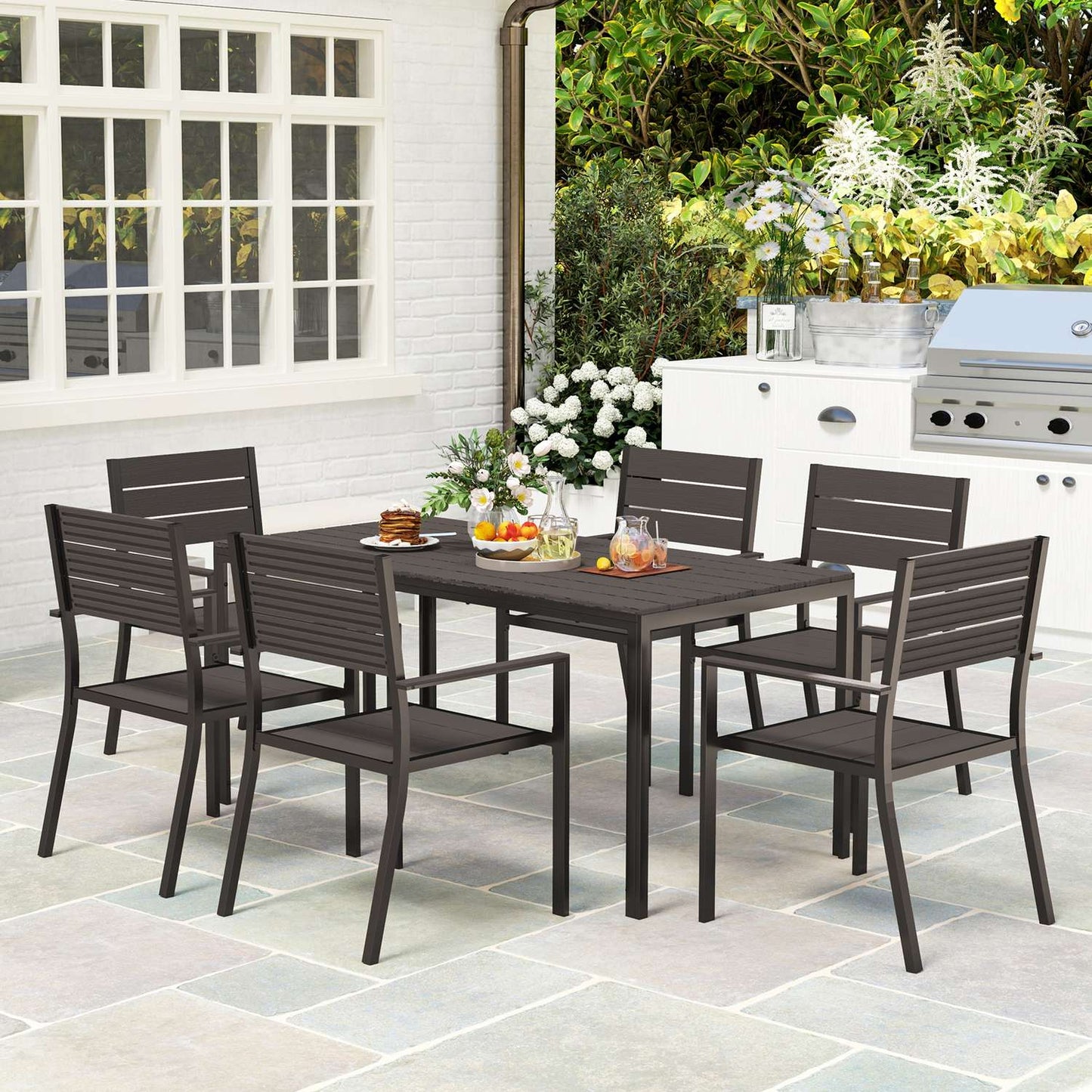 7-piece dining set for 6 people, dining table with 6 chairs, slotted table, dark brown