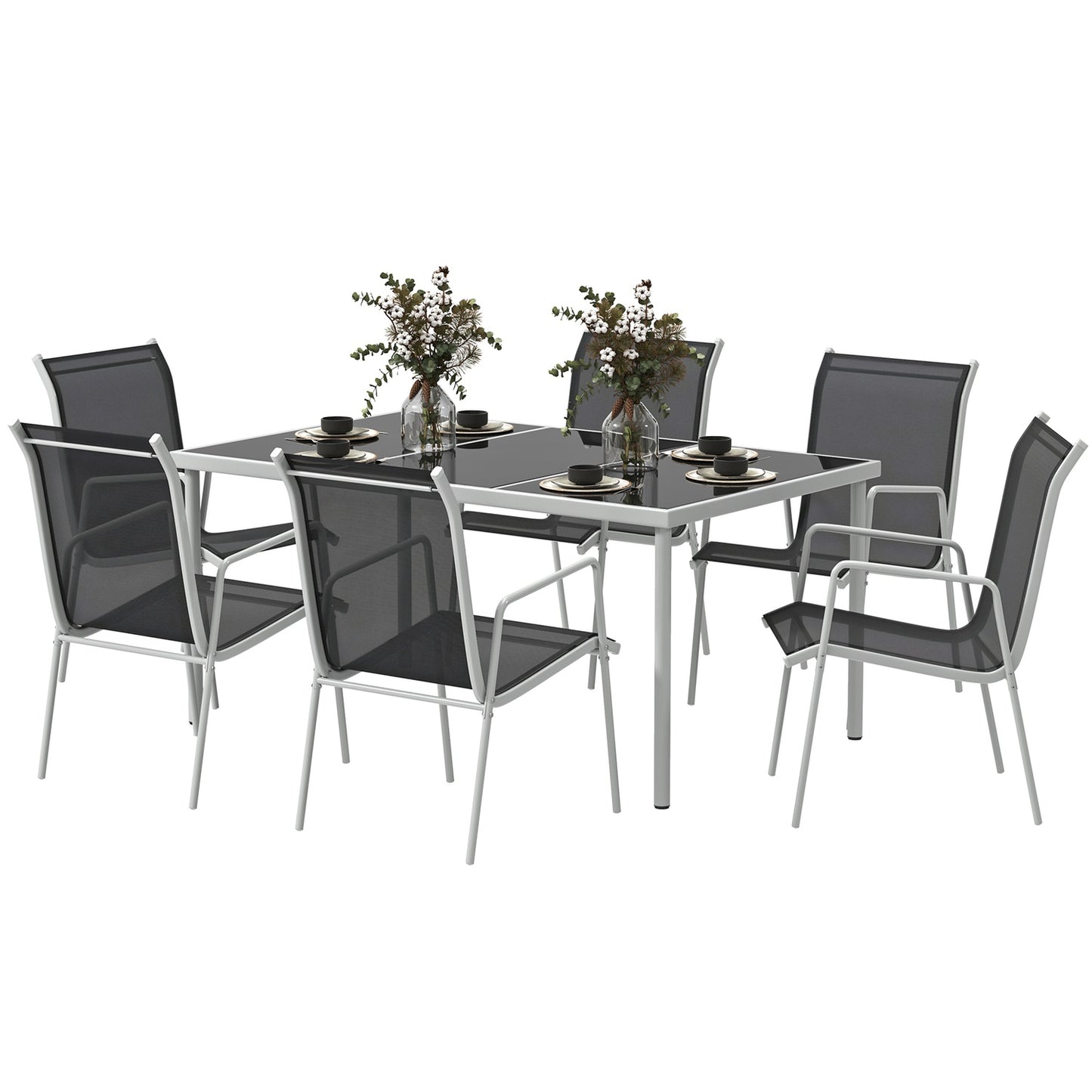 Dining room set for 6 with glass table and stackable chairs