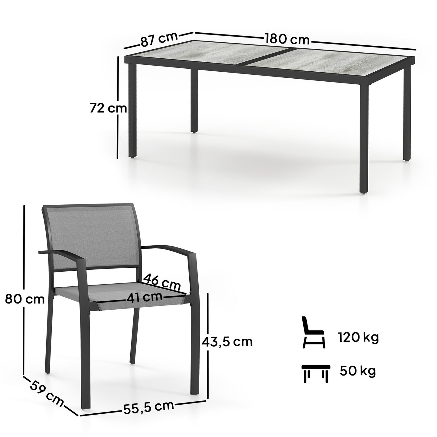 7-piece outdoor dining set - Stackable steel chairs