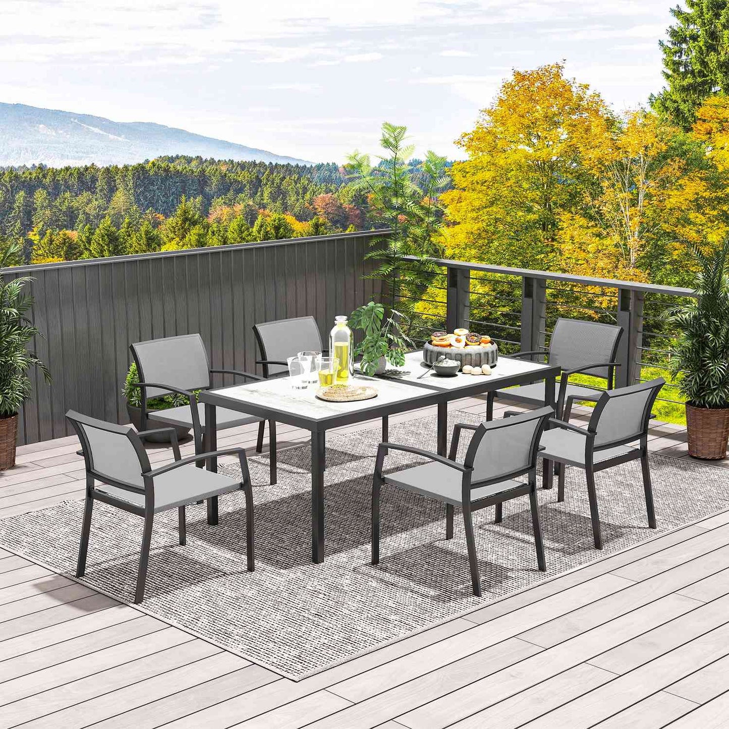 7-piece outdoor dining set - Stackable steel chairs