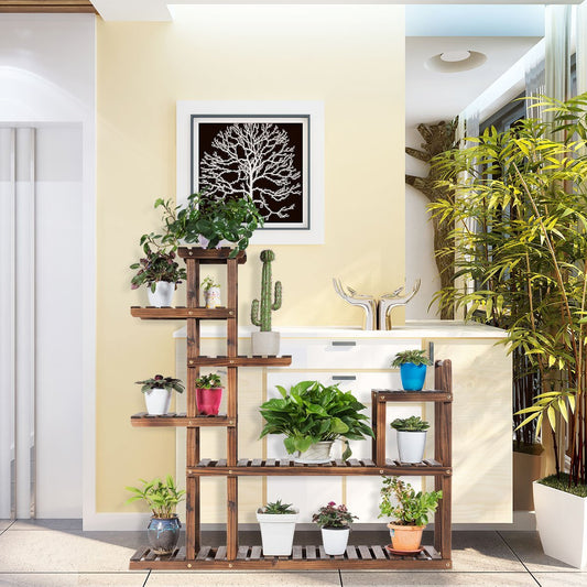7-tier plant shelf plant stand multifunctional wooden shelf brown 130.5 x 60 x 25 cm