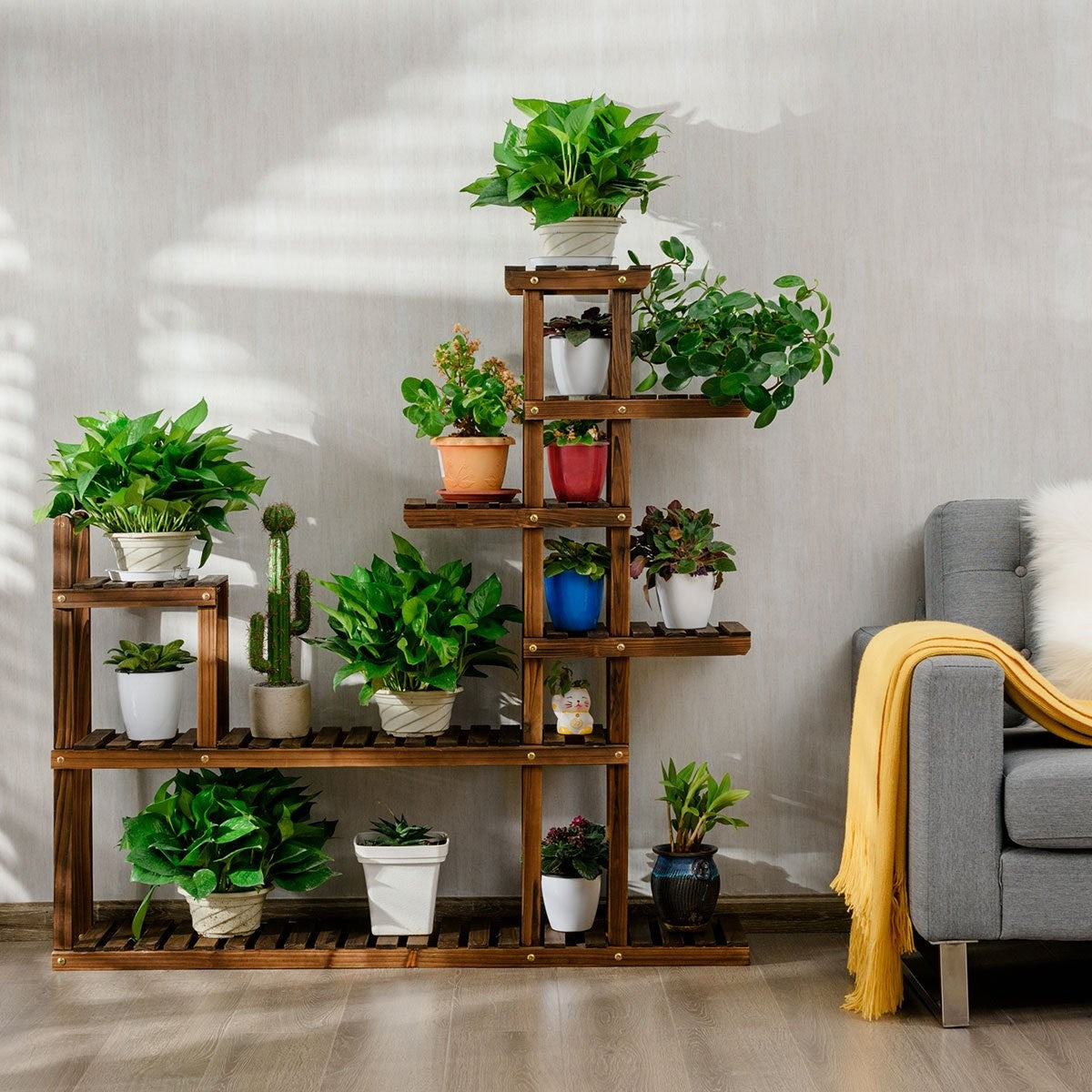 7-tier plant shelf plant stand multifunctional wooden shelf brown 130.5 x 60 x 25 cm