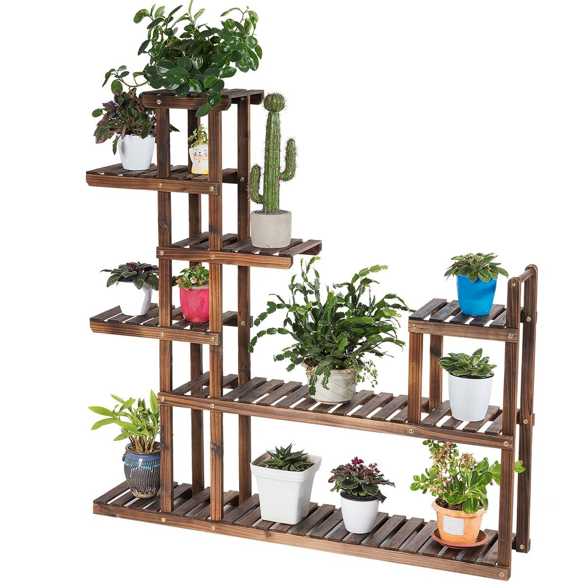 7-tier plant shelf plant stand multifunctional wooden shelf brown 130.5 x 60 x 25 cm