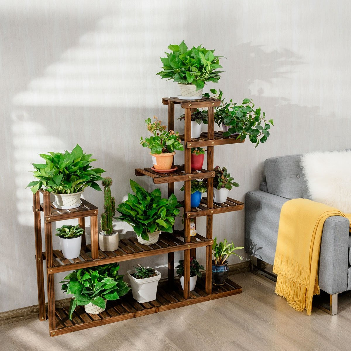 7-tier plant shelf plant stand multifunctional wooden shelf brown 130.5 x 60 x 25 cm