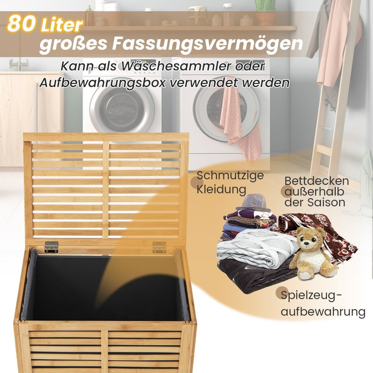 80L Laundry Basket with Lid & Removable Washable Laundry Bag Bamboo Laundry Hamper