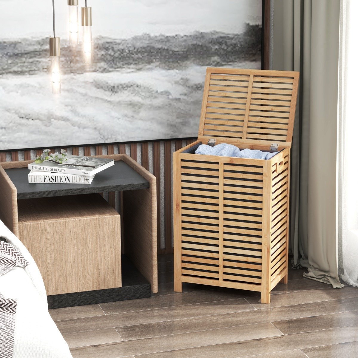 80L Laundry Basket with Lid & Removable Washable Laundry Bag Bamboo Laundry Hamper