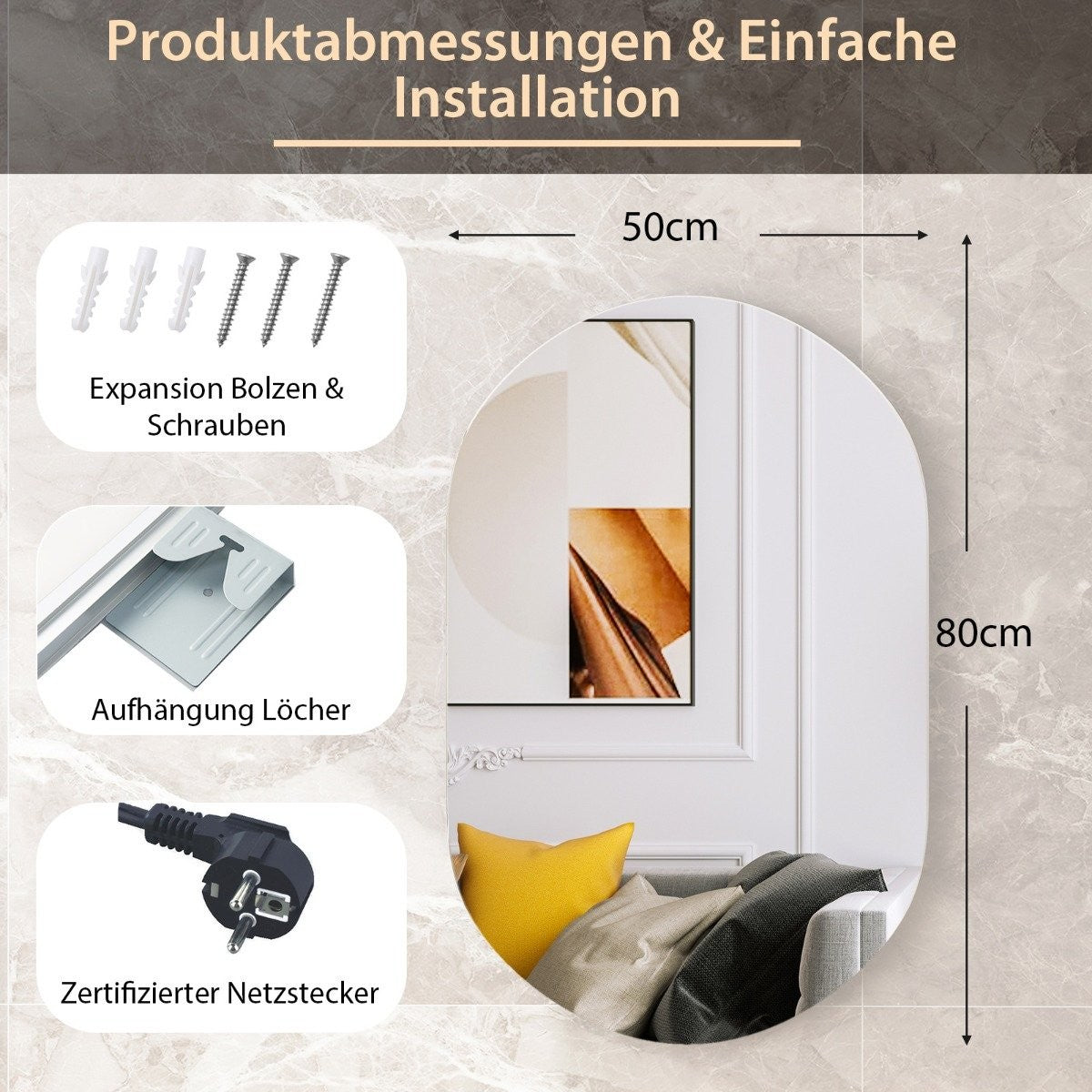 80 x 50 cm LED wall mirror oval dimmable bathroom mirror