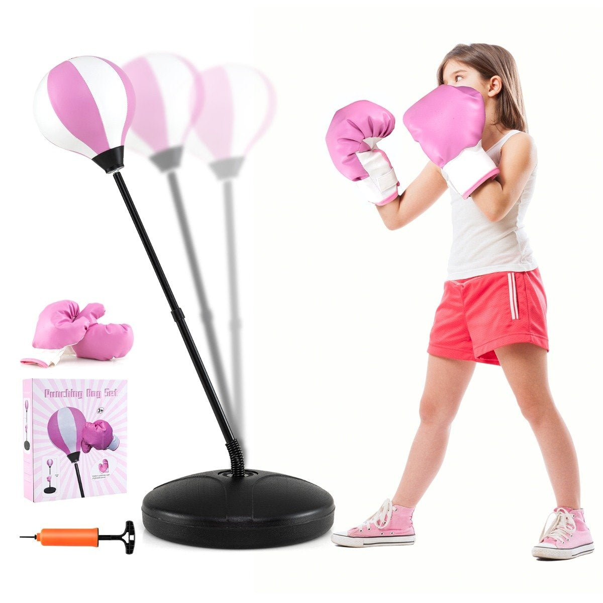 81-123.5cm height-adjustable punching ball incl. boxing gloves & hand pump children's boxing set pink