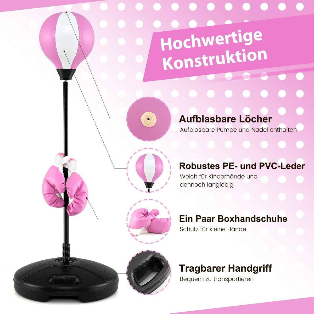 81-123.5cm height-adjustable punching ball incl. boxing gloves & hand pump children's boxing set pink