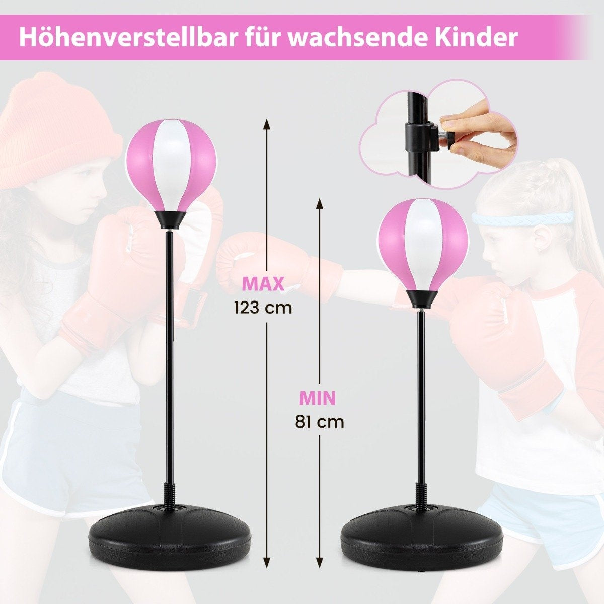 81-123.5cm height-adjustable punching ball incl. boxing gloves & hand pump children's boxing set pink