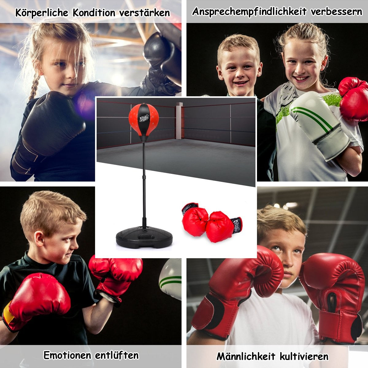 81-123.5cm height-adjustable punching ball incl. boxing gloves & hand pump children's boxing set red