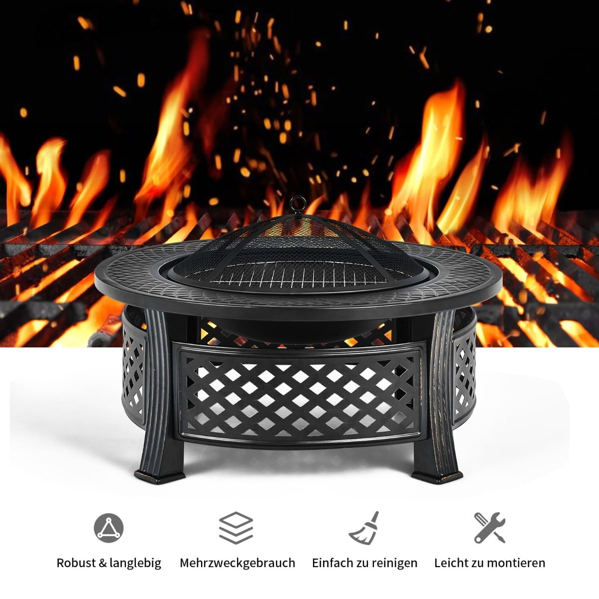 81 cm Fire Pit with Grill, Spark Guard & Poker
