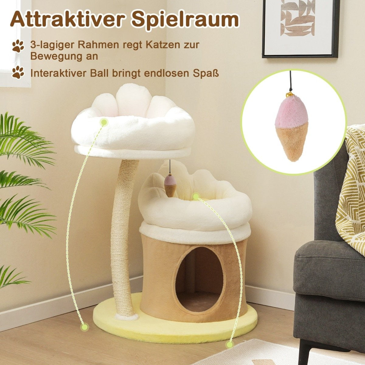 83cm small scratching post with cat cave & sisal scratching post & toy & cushion cat tree