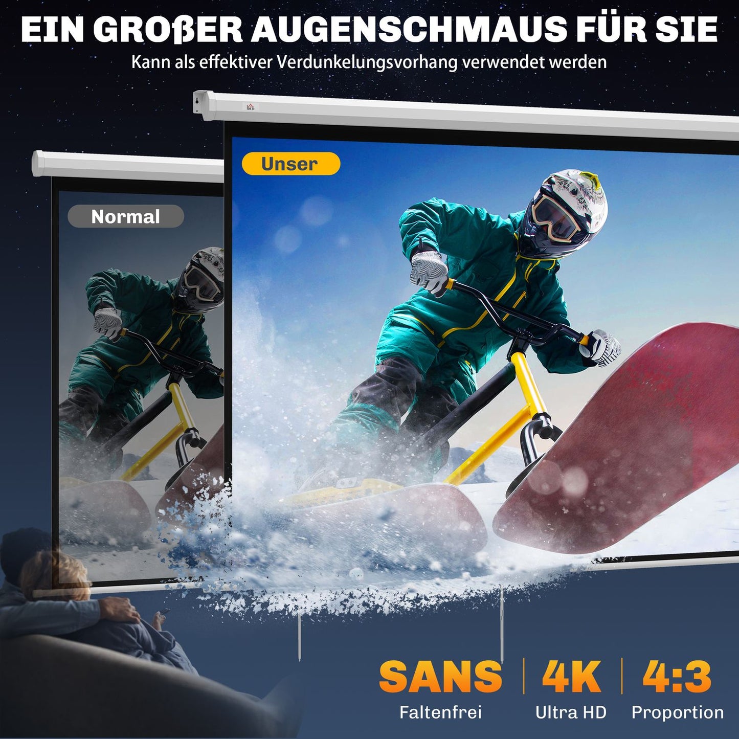 84"" 4:3 Projector Screen, 4K HD, Wall/Ceiling Mount